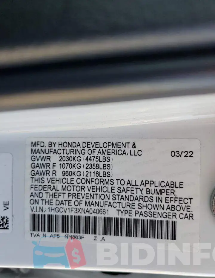 1HGCV1F3XNA040661 Photo# 13