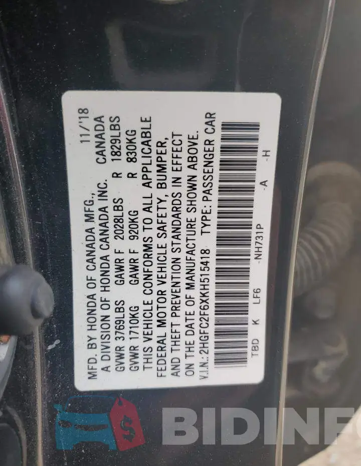 2HGFC2F6XKH515418 Photo# 12
