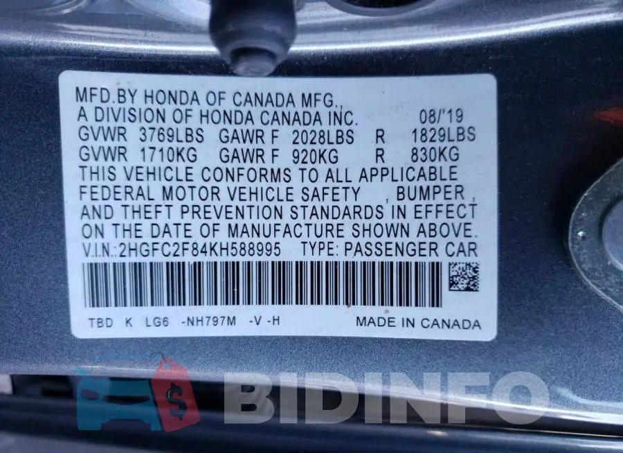 2HGFC2F84KH588995 Photo# 12