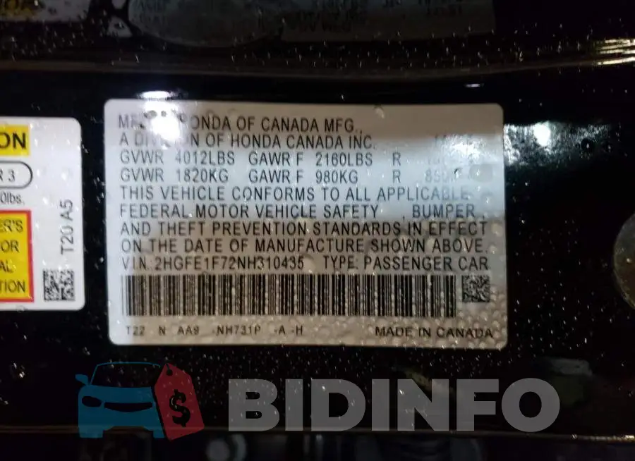2HGFE1F72NH310435 Photo# 12
