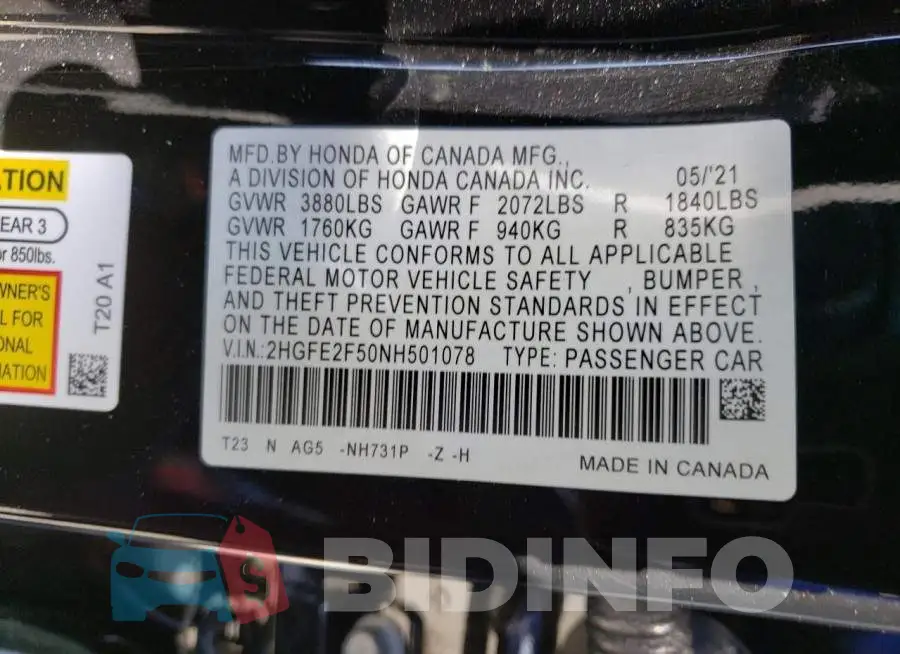 2HGFE2F50NH501078 Photo# 12