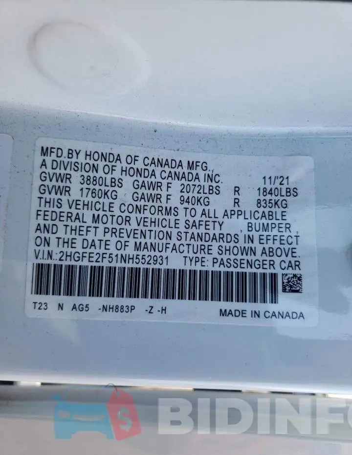 2HGFE2F51NH552931 Photo# 13
