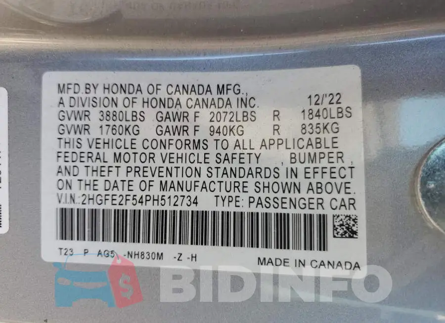 2HGFE2F54PH512734 Photo# 12
