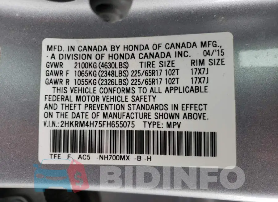 2HKRM4H75FH655075 Photo# 12