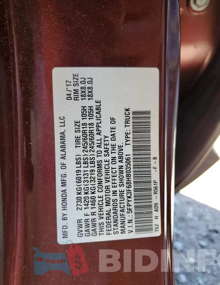 5FPYK3F68HB035061 Photo# 12