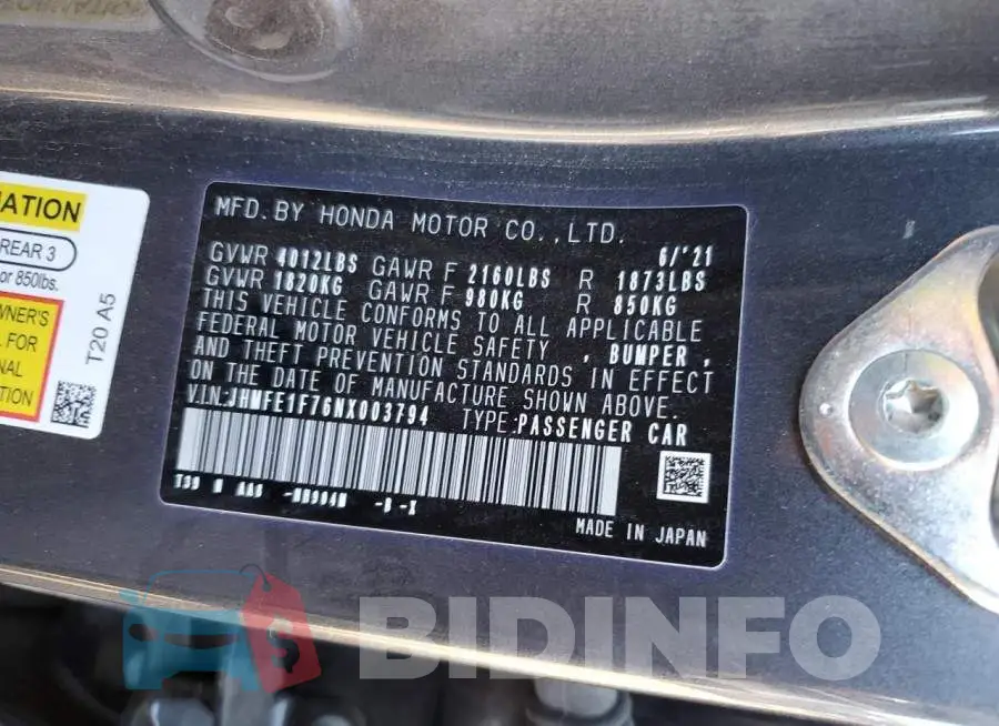JHMFE1F76NX003794 Photo# 12