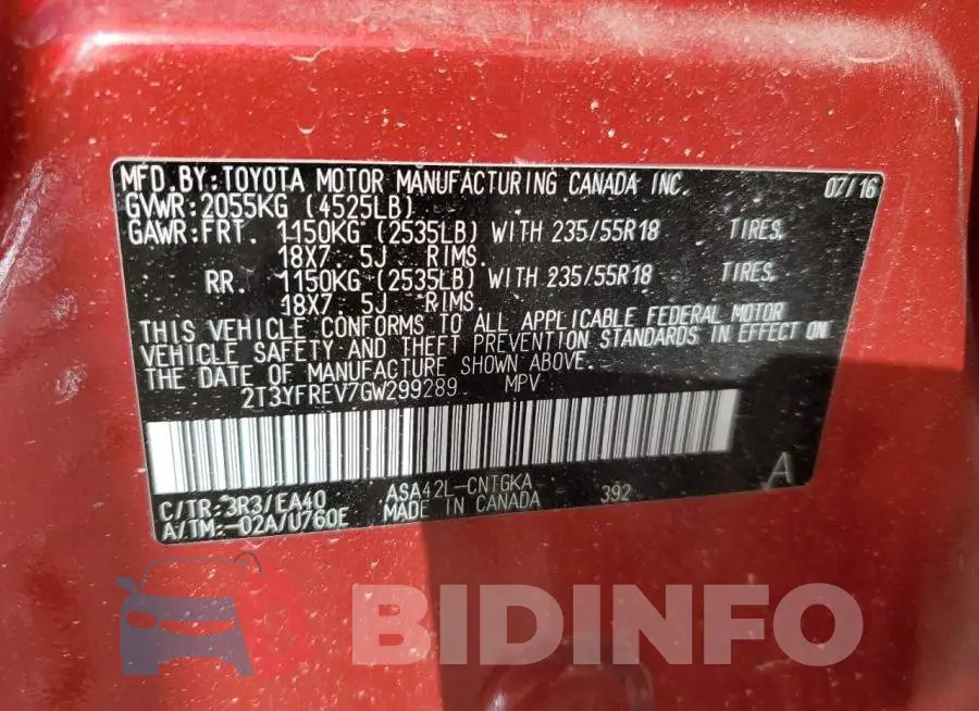 2T3YFREV7GW299289 Photo# 13