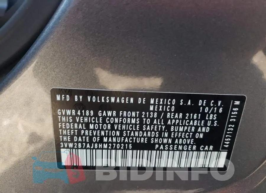 3VW2B7AJ8HM270215 Photo# 12