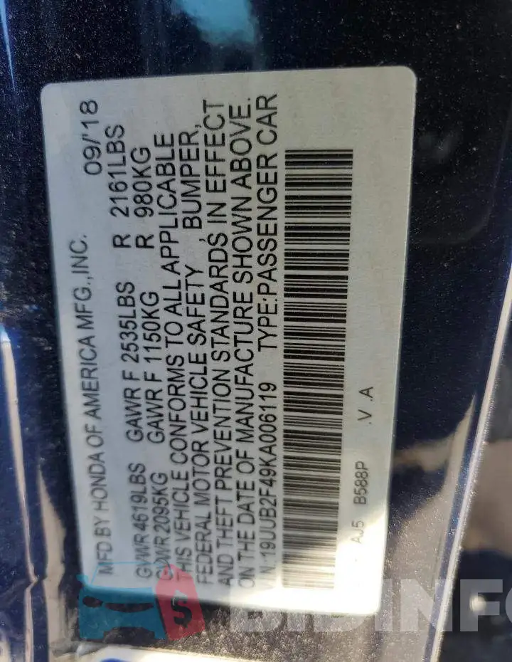 19UUB2F49KA006119 Photo# 12