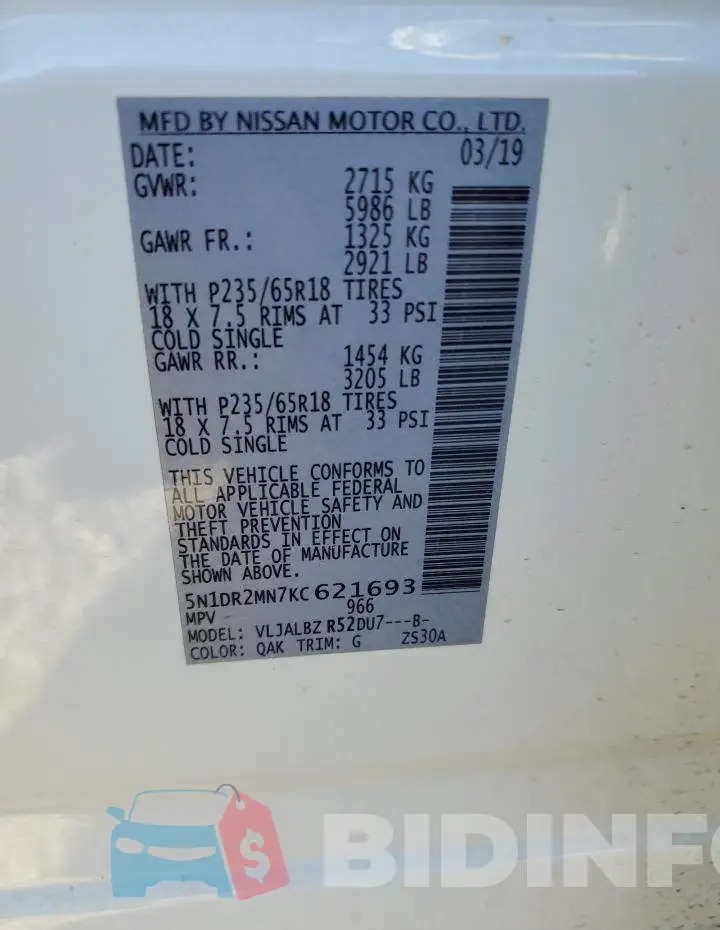 5N1DR2MN7KC621693 Photo# 12