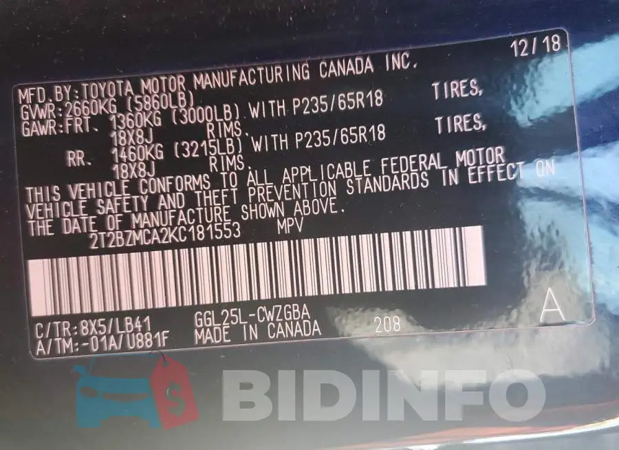 2T2BZMCA2KC181553 Photo# 14