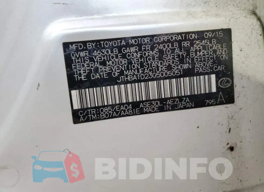 JTHBA1D23G5005051 Photo# 12