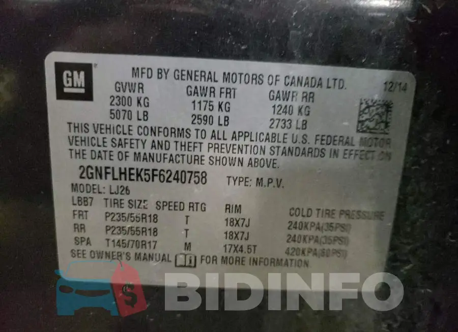 2GNFLHEK5F6240758 Photo# 13