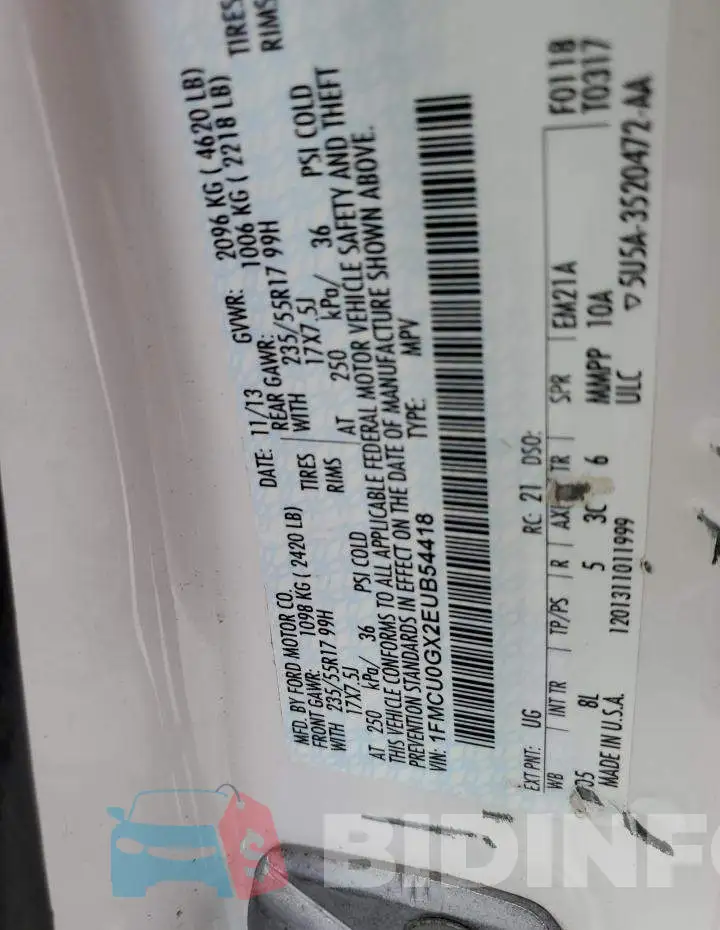 1FMCU0GX2EUB54418 Photo# 13