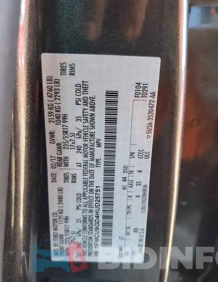 1FMCU9GD4HUD25751 Photo# 14