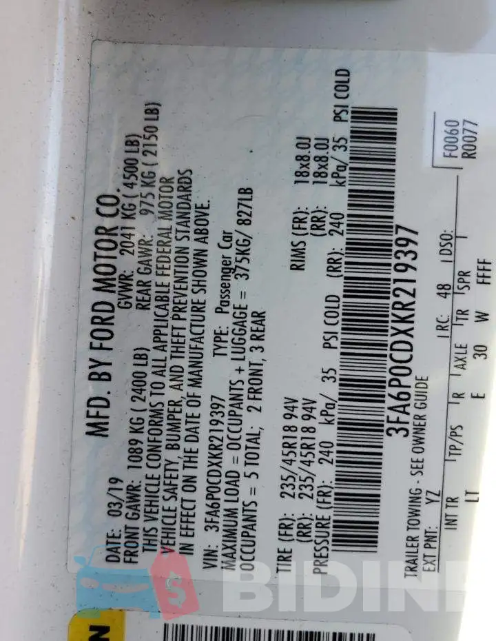 3FA6P0CDXKR219397 Photo# 10