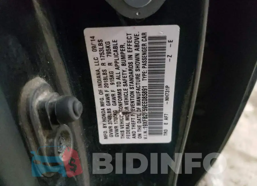 19XFB2F59EE085891 Photo# 12