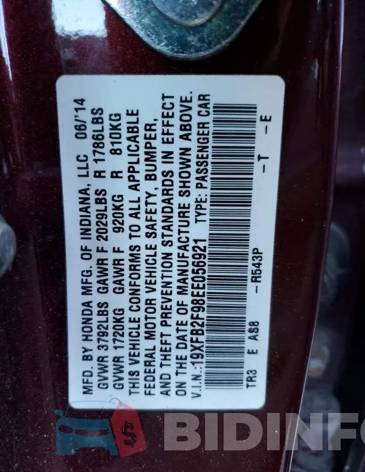 19XFB2F98EE056921 Photo# 12