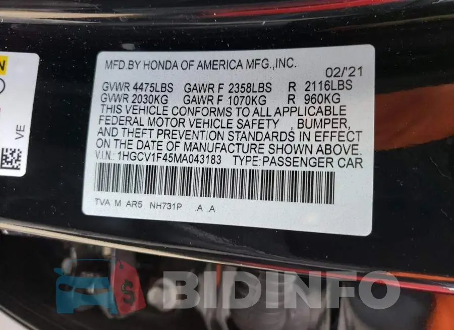 1HGCV1F45MA043183 Photo# 12