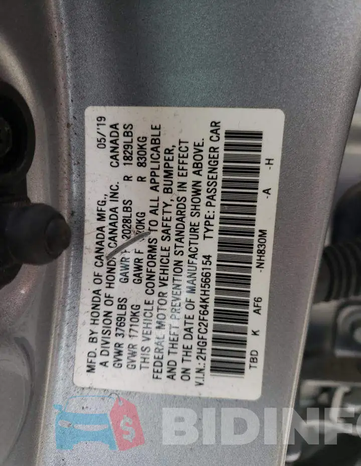2HGFC2F64KH566154 Photo# 13