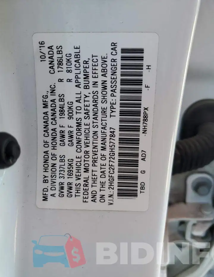 2HGFC2F72GH577847 Photo# 10