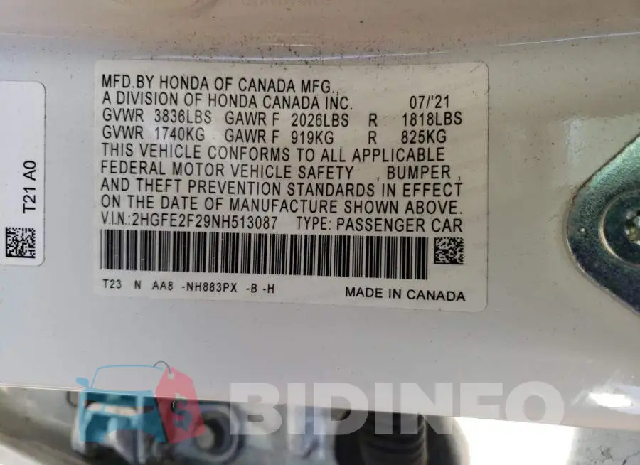 2HGFE2F29NH513087 Photo# 13