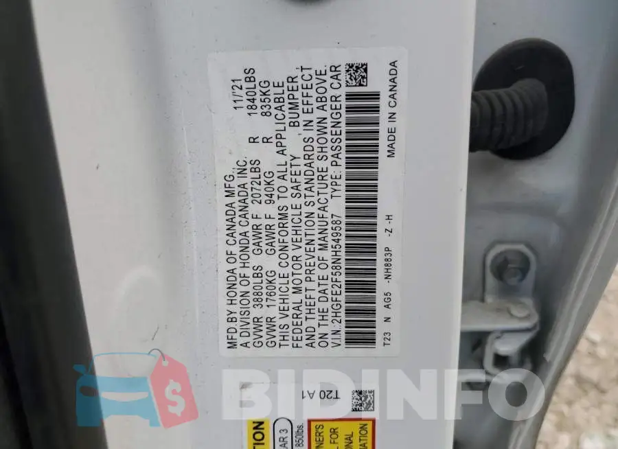 2HGFE2F58NH549587 Photo# 12
