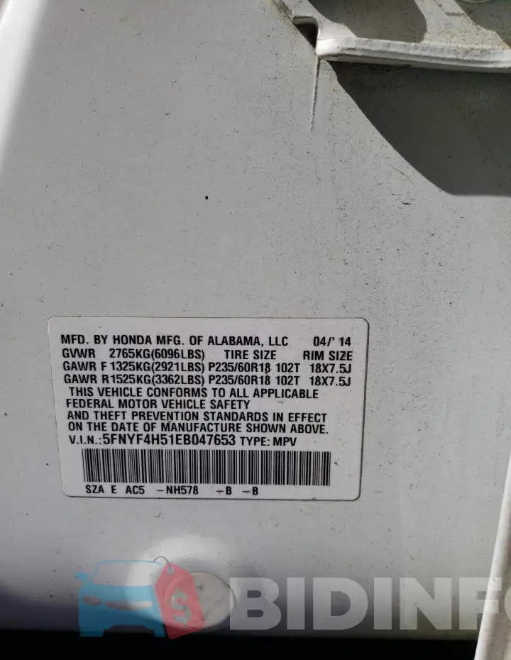 5FNYF4H51EB047653 Photo# 13