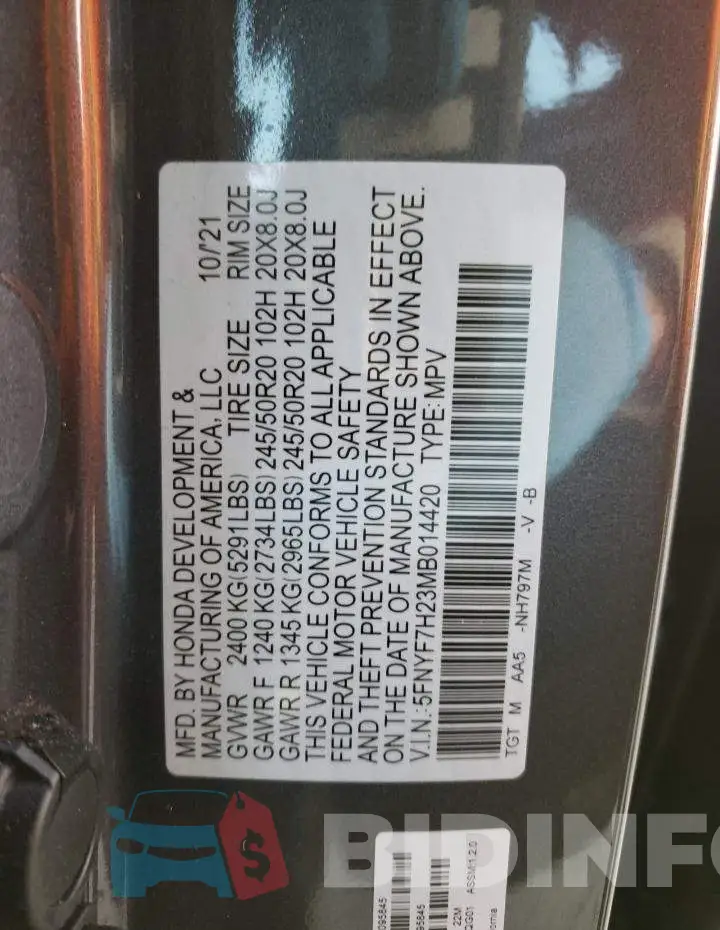 5FNYF7H23MB014420 Photo# 13