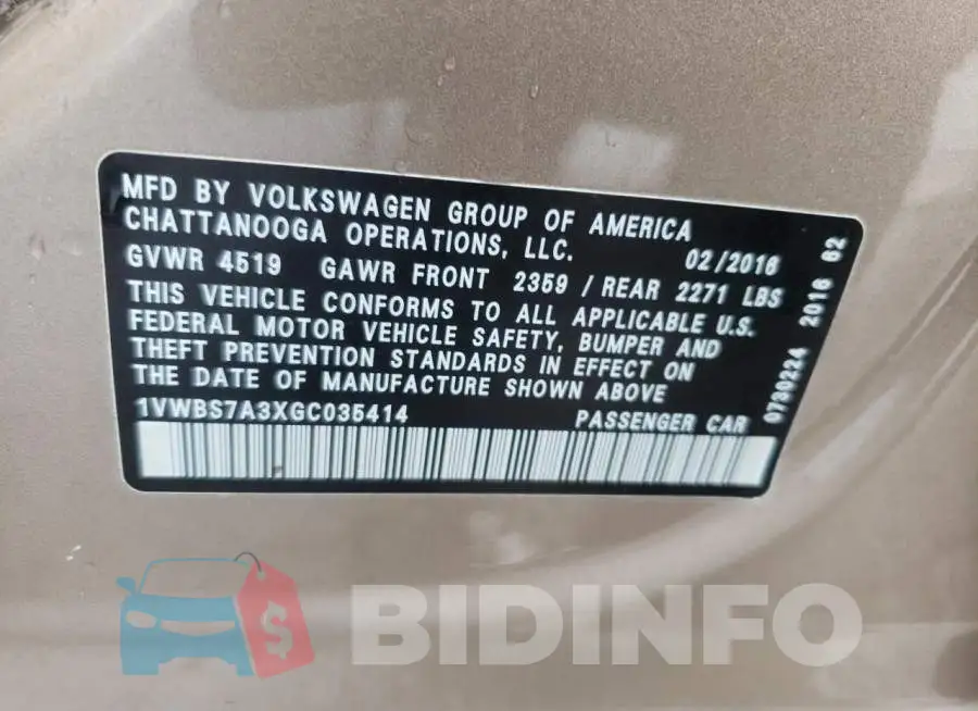 1VWBS7A3XGC035414 Photo# 10