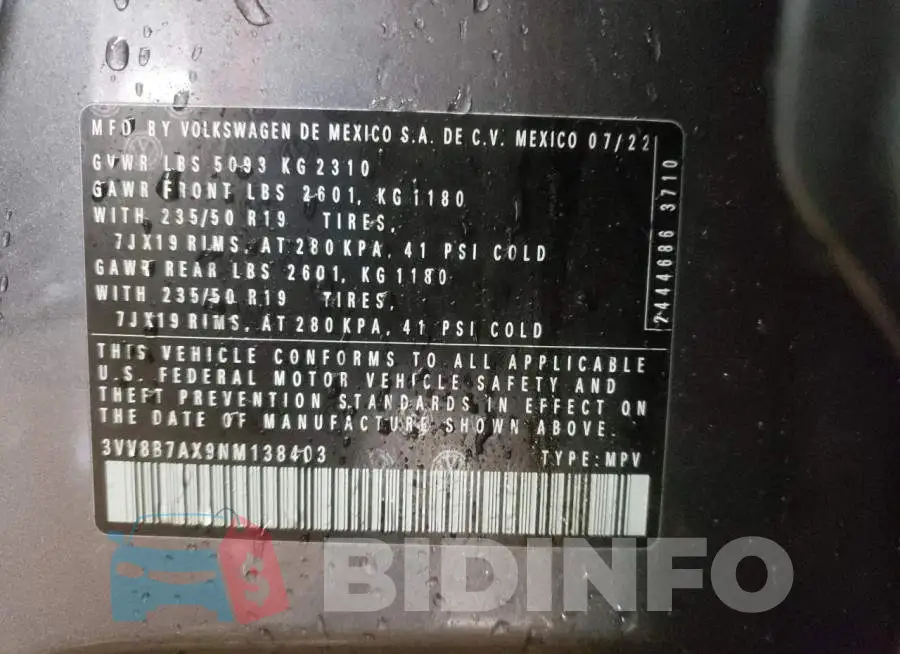 3VV8B7AX9NM138403 Photo# 13
