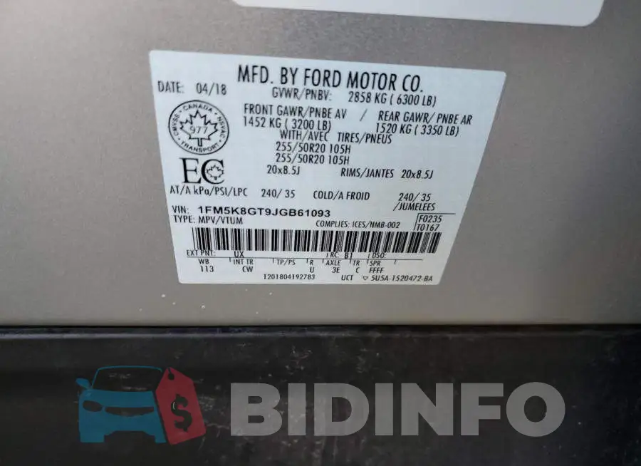 1FM5K8GT9JGB61093 Photo# 13
