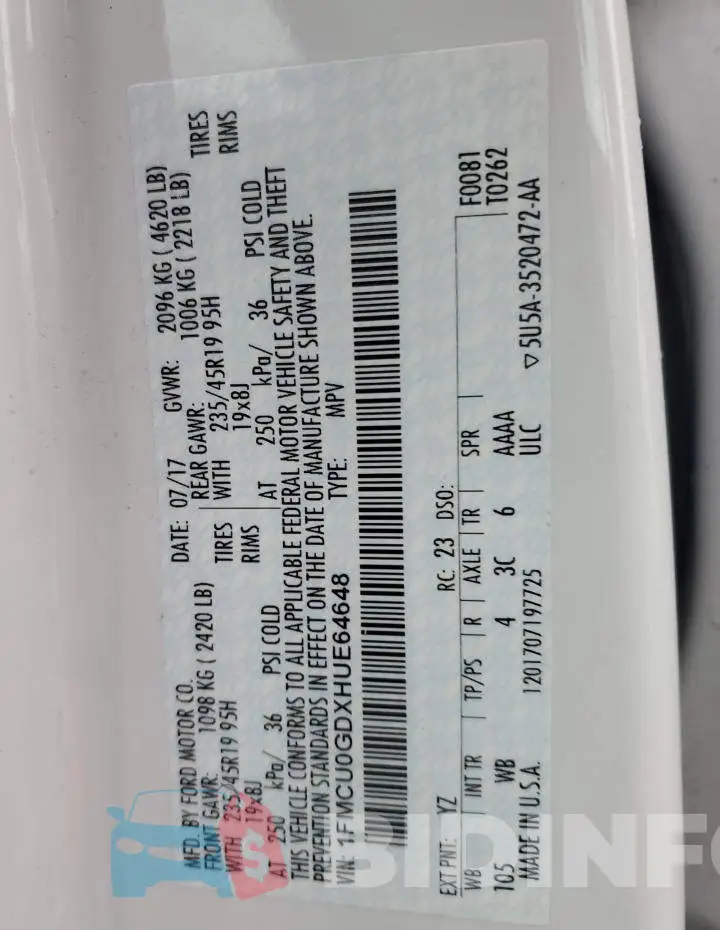 1FMCU0GDXHUE64648 Photo# 13