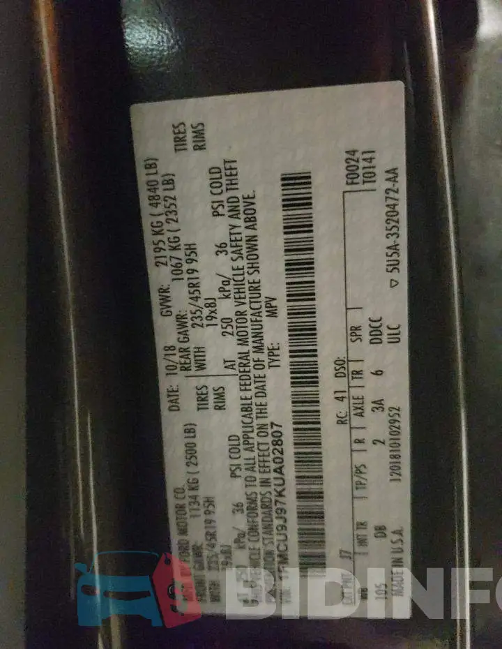 1FMCU9J97KUA02807 Photo# 12