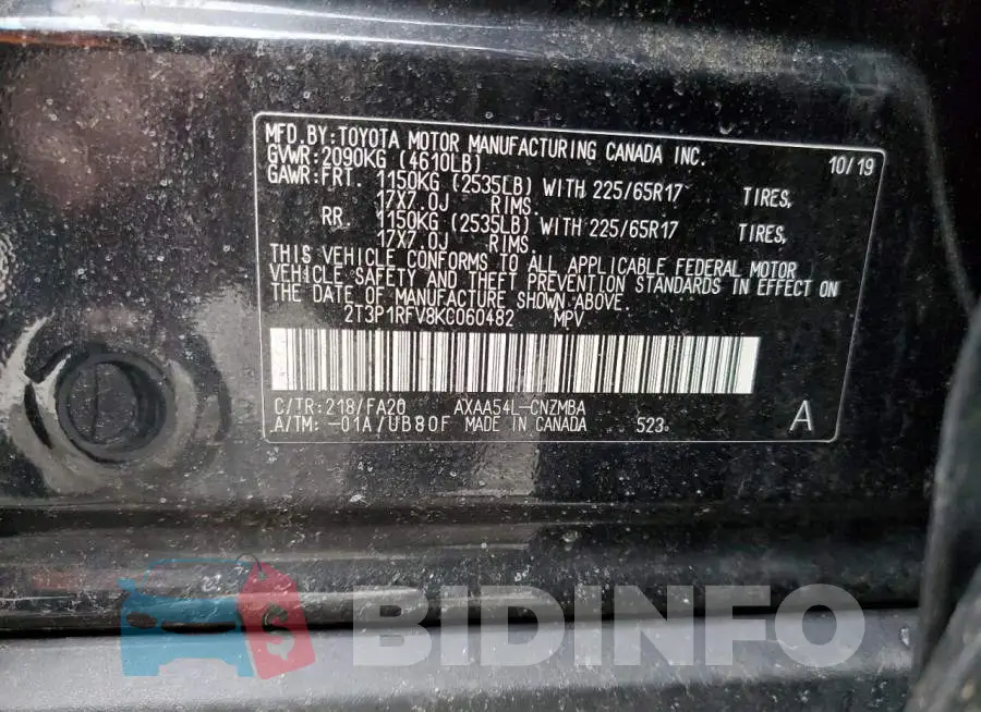 2T3P1RFV8KC060482 Photo# 13