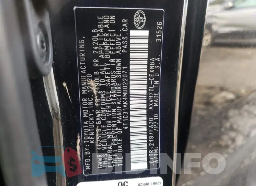 4T1C31AK4MU022071 Photo# 12