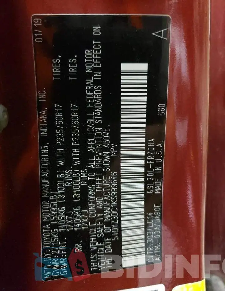 5TDYZ3DC1KS999646 Photo# 14