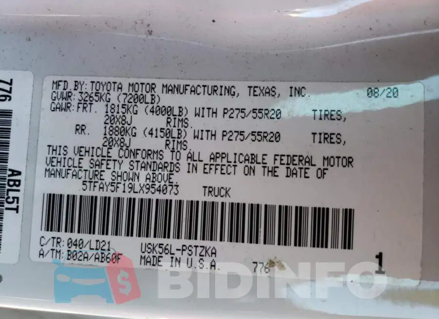 5TFAY5F19LX954073 Photo# 12