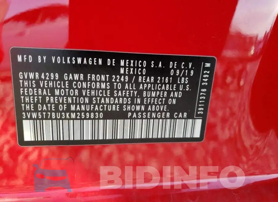 3VW5T7BU3KM259830 Photo# 12