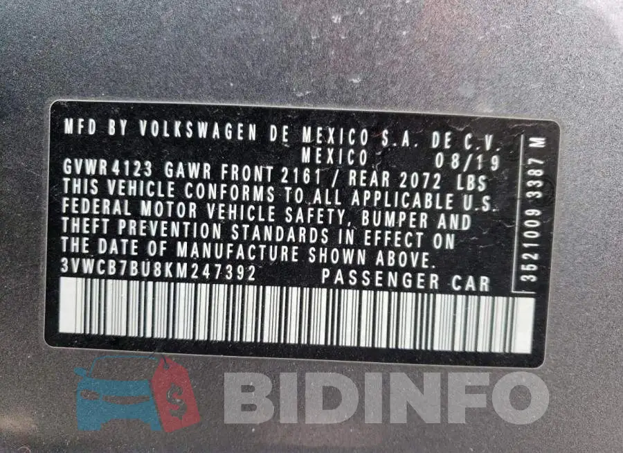 3VWCB7BU8KM247392 Photo# 12