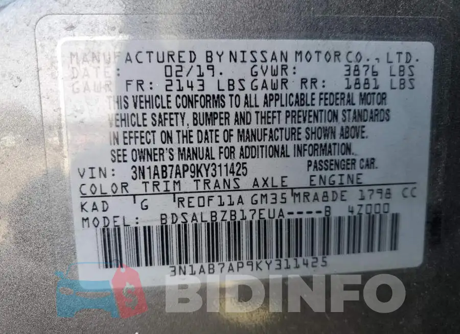 3N1AB7AP9KY311425 Photo# 12