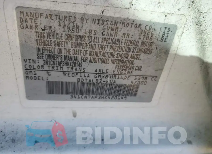 3N1CN7AP3HK420149 Photo# 12