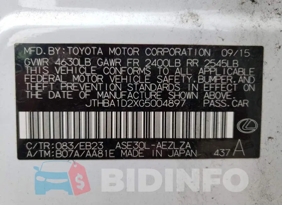 JTHBA1D2XG5004897 Photo# 13