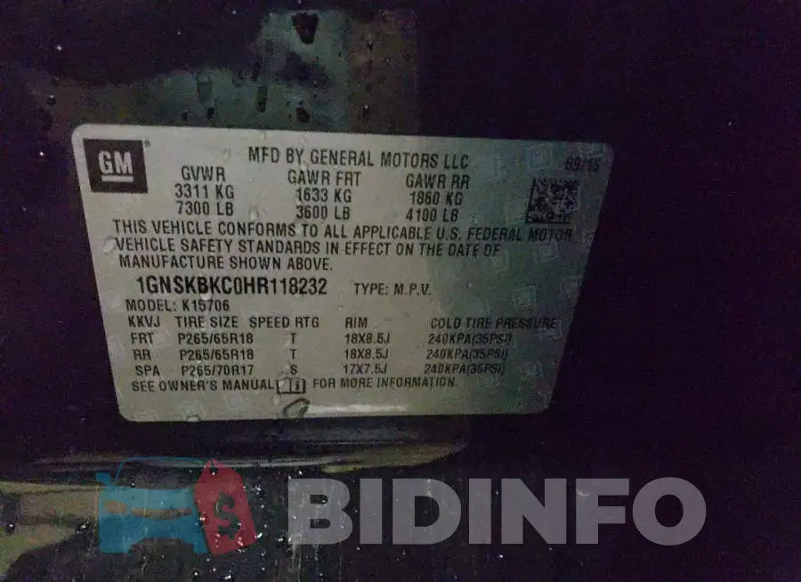 1GNSKBKC0HR118232 Photo# 14