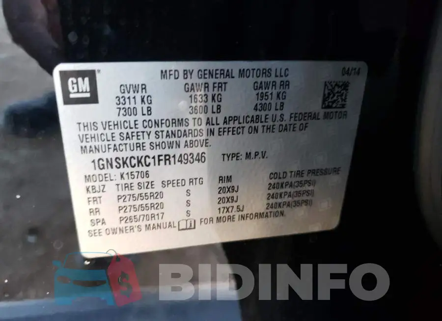 1GNSKCKC1FR149346 Photo# 13