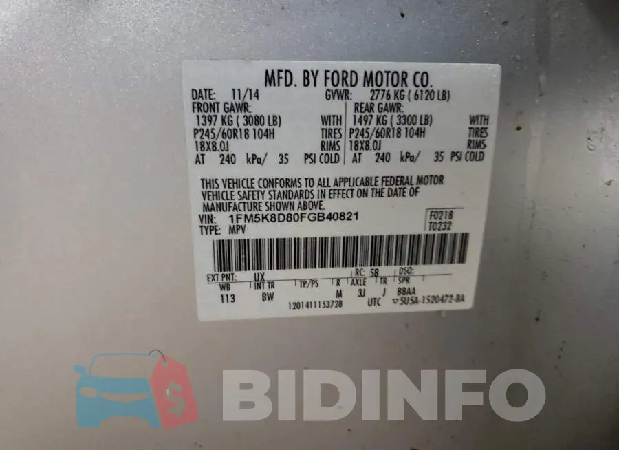 1FM5K8D80FGB40821 Photo# 12