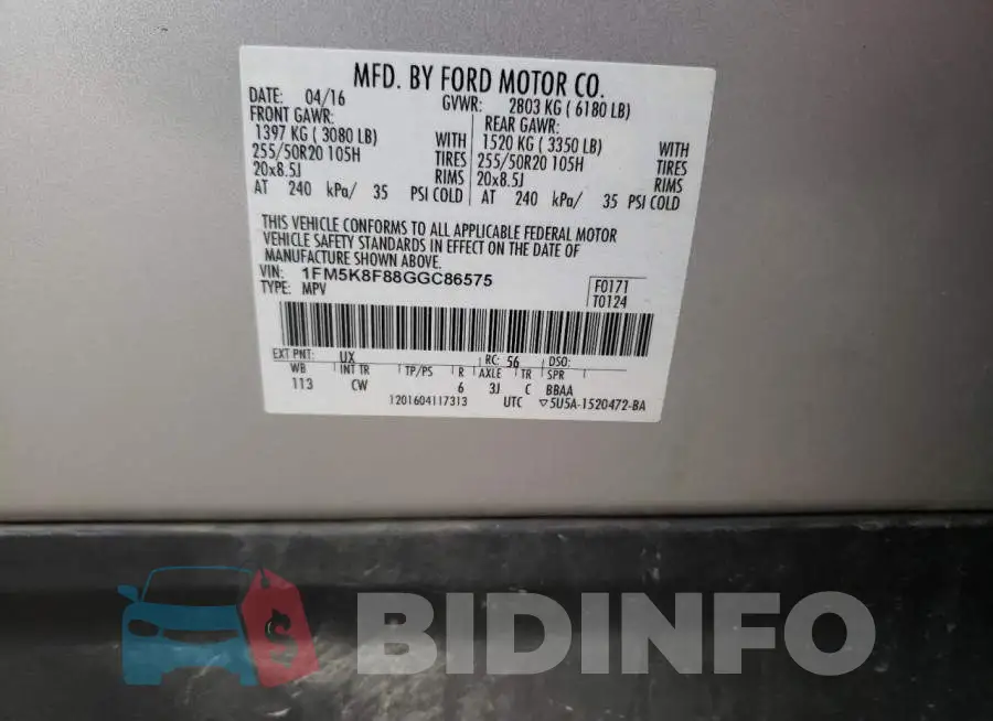 1FM5K8F88GGC86575 Photo# 13