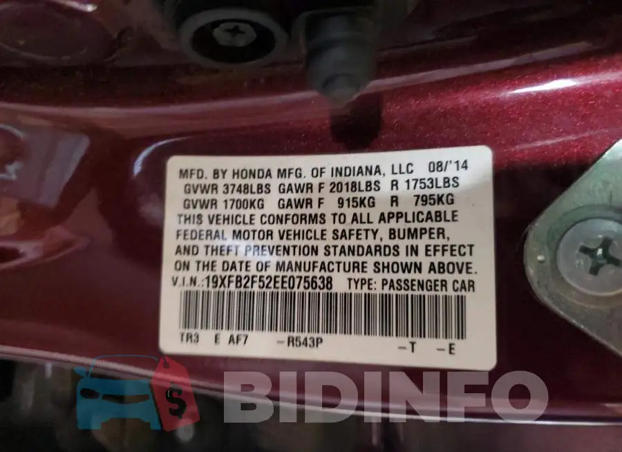 19XFB2F52EE075638 Photo# 12
