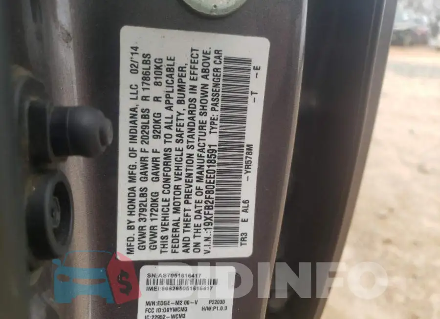 19XFB2F80EE018591 Photo# 13