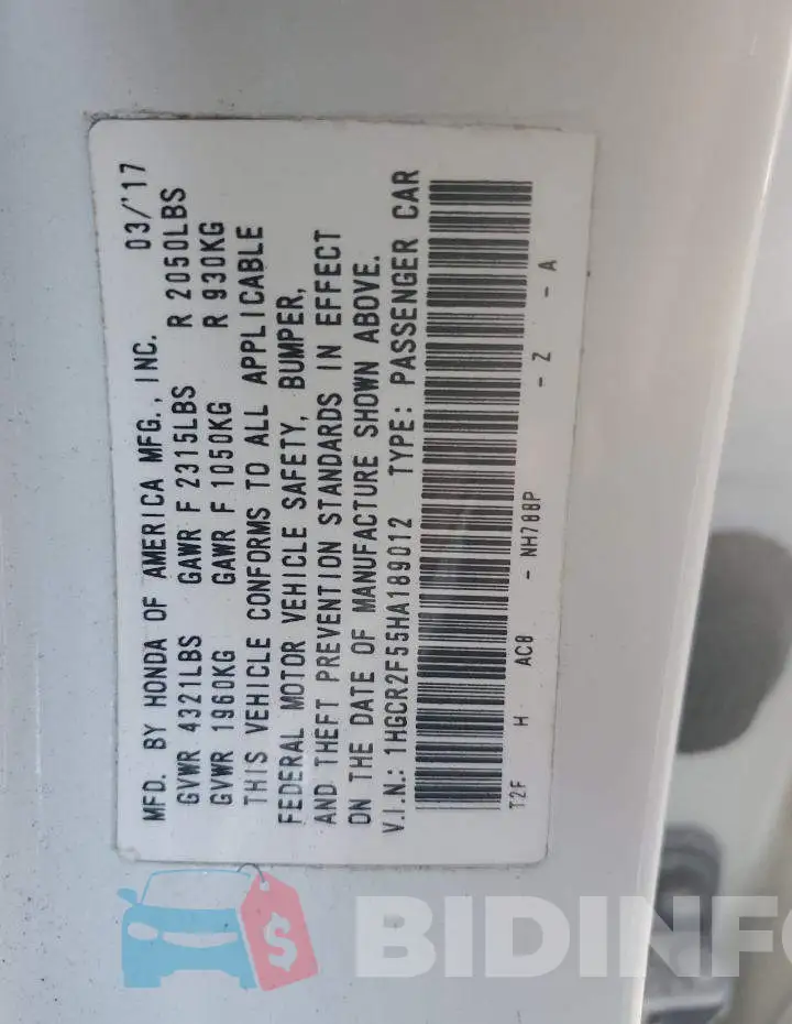 1HGCR2F55HA189012 Photo# 12